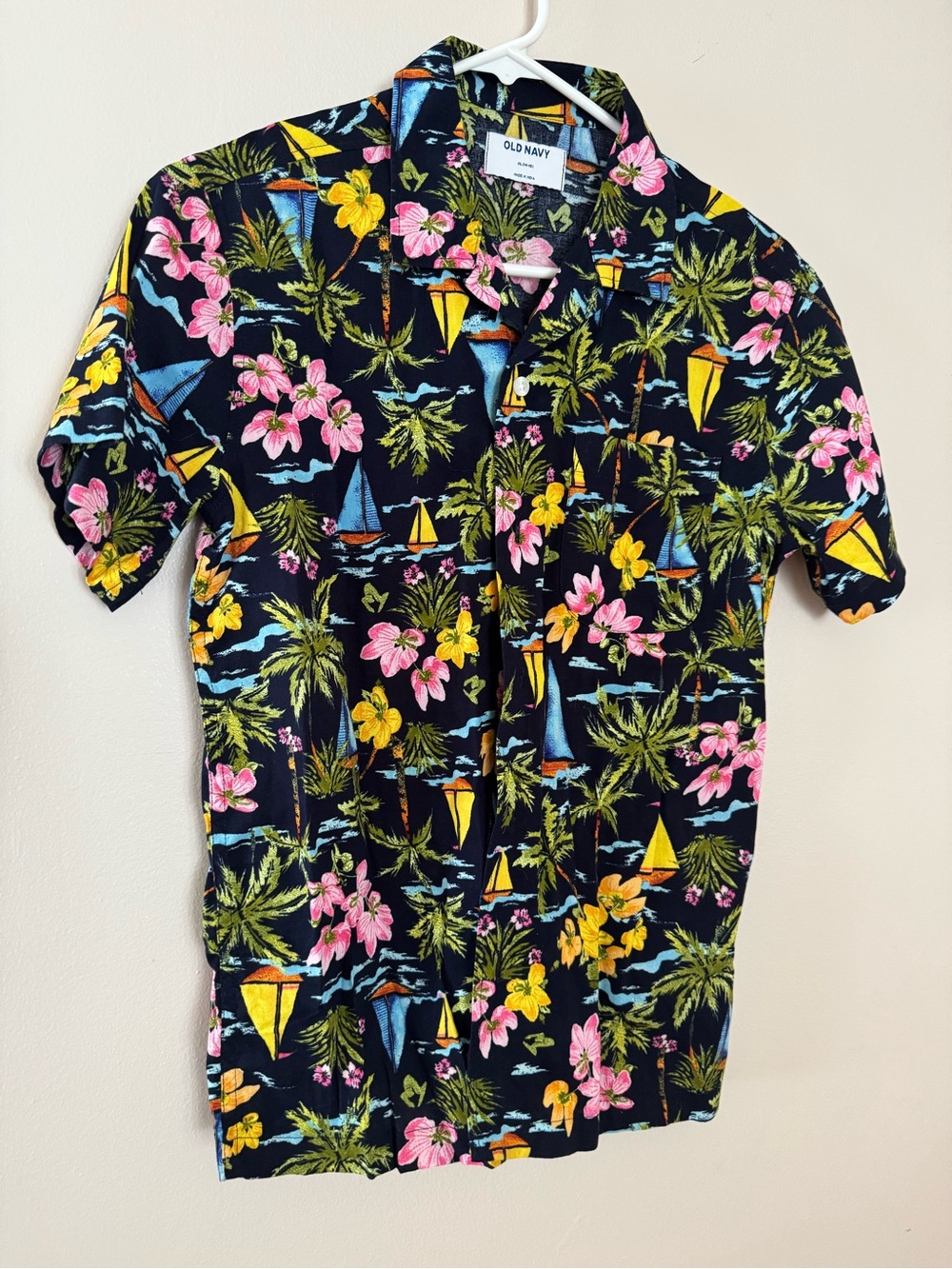 Old Navy Kids Black Tropical Floral Sailboat Hawaiian Shirt